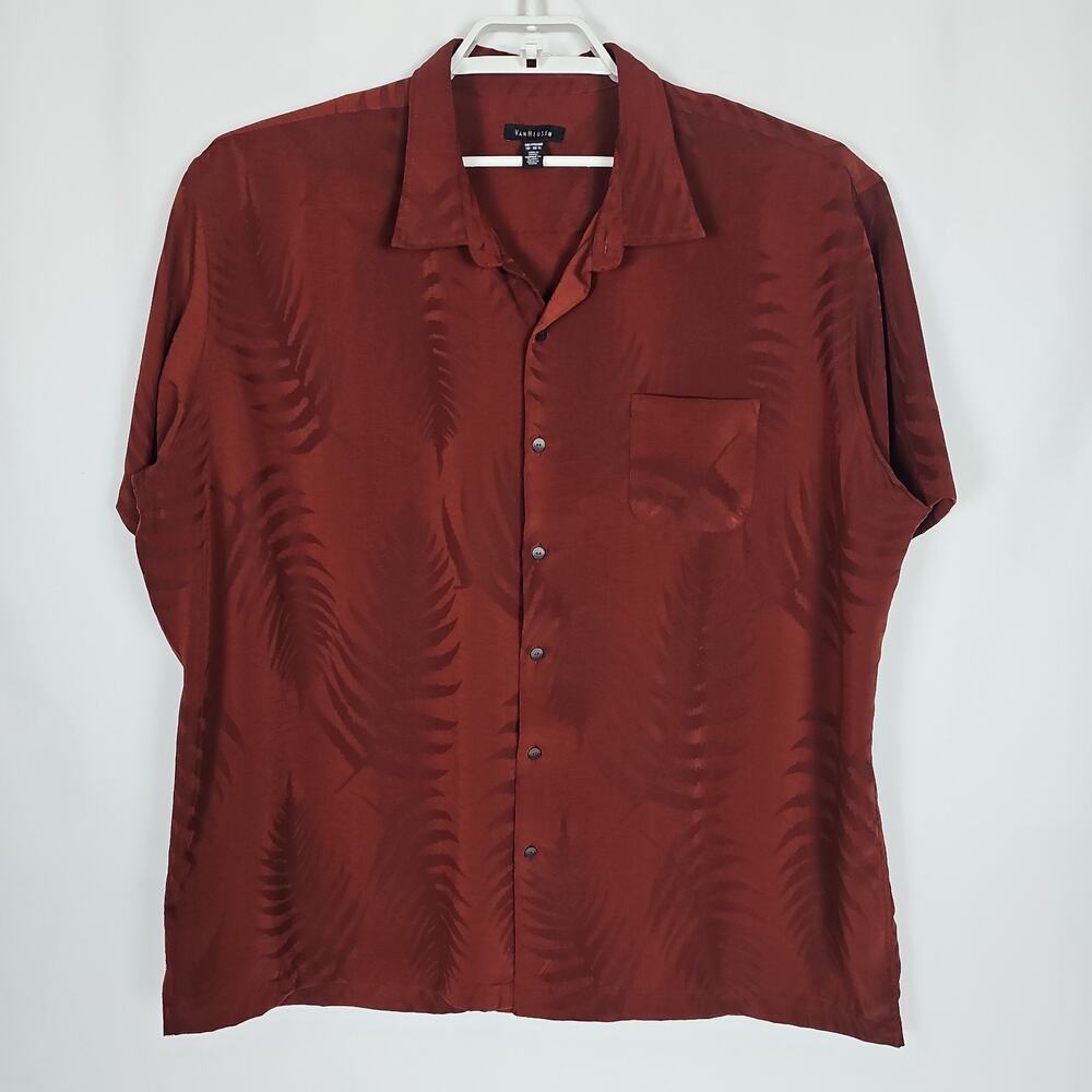 Van Heusen Men's Button Down Shirt Burgundy Leaves Pattern Short Sleeve Size XXL